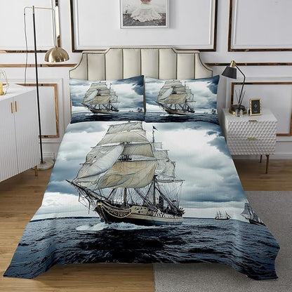 Erosebridal Nautical Coverlet Set Queen Size Retro Sailboat Bedspread for Boys Teens Kids Child,Ocean Theme Bedding Set Ocean Boat Quilt Set,Pirate Ship Bedroom Decor Vintage Style