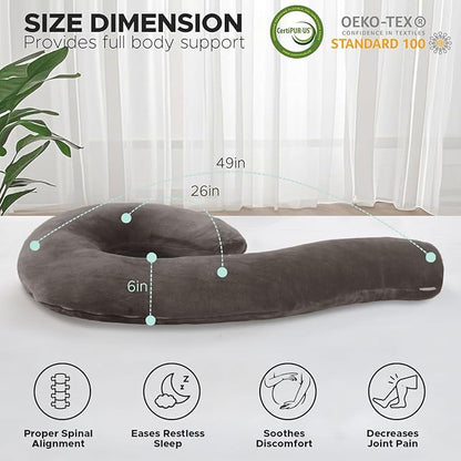Body Pillow for Adults - Soft Long Bed Pillows Insert for Sleeping - Shredded Memory Foam and Removable Washable Cover - Swan Shaped Side Sleeper Pregnancy Pillow 49 Inch (Brown)