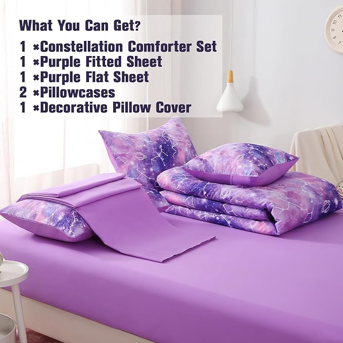 Galaxy Constellation Print Comforter Set Twin Girls Gradient Bedding Set,6 Piece Bed in a Bag with Sheet Bedding Gift for Kids(Purple)