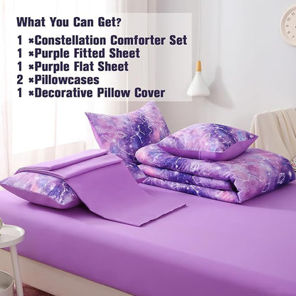 Galaxy Constellation Print Comforter Set Twin Girls Gradient Bedding Set,6 Piece Bed in a Bag with Sheet Bedding Gift for Kids(Purple)