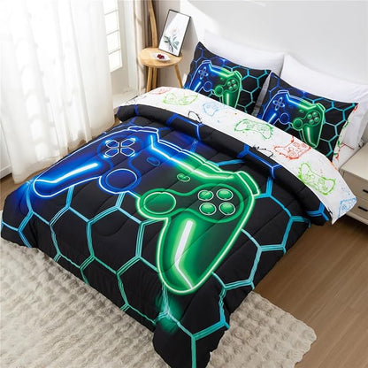 NTBED Game Console Comforter Set for Boys Girls Kids Geometric Lightweight Microfiber Bedding Sets (Blue Green, Full 5Pcs)