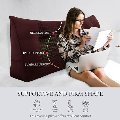 Headboard Wedge Pillow Large Reading Pillow Full Size Bed Rest Back Support Pillow for Sitting up in Bed Daybed Couch Backrest Cushion Velvet Chocolate Brown