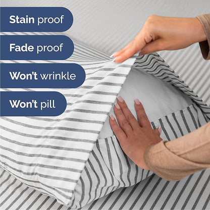 Cal King Sheets Set 6 Piece - Includes 4 Pillowcases - Bed Sheets Cal King Size - Soft Hotel Luxury Bedding - Cooling & Breathable - 1 Flat & 1 Fitted & 4 Pillowcases w/ Deep Pockets - Grey Stripes
