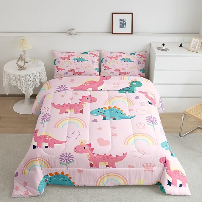 Castle Fairy Lovely Dino Kids Comforter Set King Size,Cute Rainbow Floral Love Heart Reversible Quilted Duvet with 2 Pillowcases Pink Blue Dinosaur Kawaii Animal Comforter for Boys Teens Bedroom