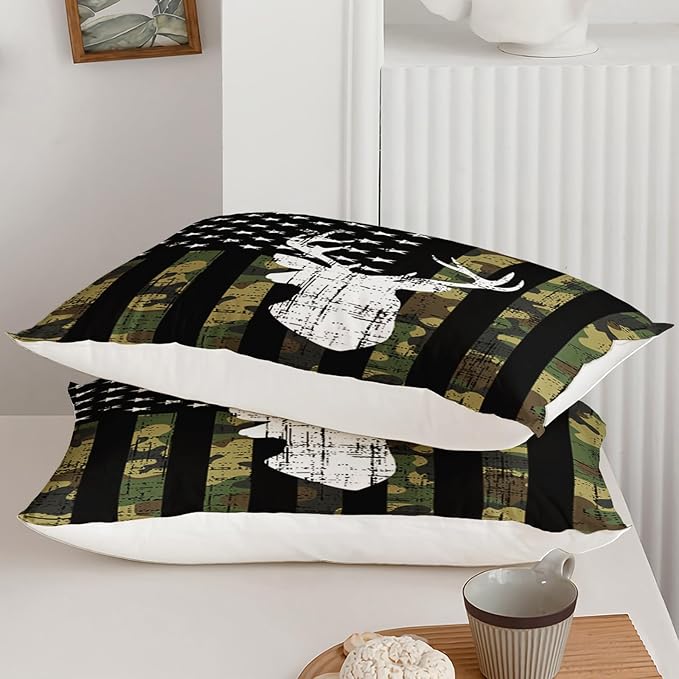 Deer Hunting Comforter Set Queen Size, American Flag Bedding Set for Boys Teens, Army Green Military Camo Stripes Bedding Quilt Set Bedroom Decor 3 Pcs with 2 Pillowcase