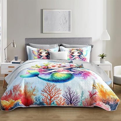 Mermaid Quilted Quilt Queen Bedding Sets for Girls,Cute Mermaid Tail Coral Printed Bedding for Kids Bedroom Glitter Decor,All Season Bed Sets with 2 Pillowcases.