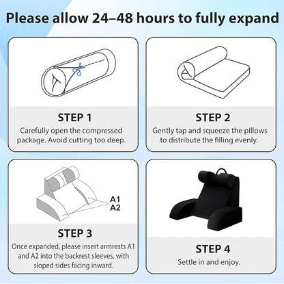 Reading Pillow for Sitting in Bed Adult, Back Pillow for Bed Sitting up, Backrest Pillow with Arms, Back Support Pillows for Gaming Lounging Watching TV, Medium 19" Black