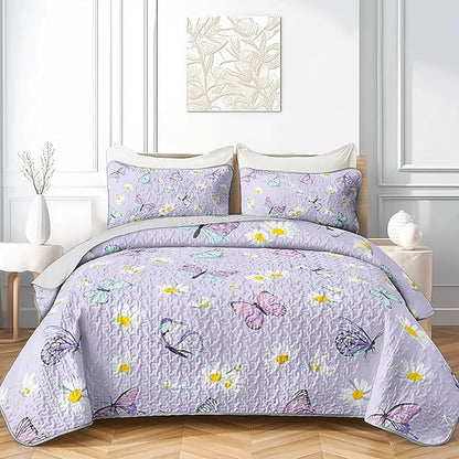 QOOMO Daisy Butterfly Quilt Set Twin Size,Purple Butterfly Bedspread Coverlet Set,Butterflies 3Pcs Bedding Set Printed Quilt with 2 Pillowcases,Soft and Lightweight,for All Seasons