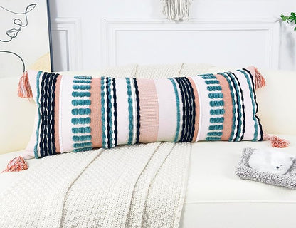 Chenille and Cotton Long Pillow for Bed, Striped Textured Boho Lumbar Throw Pillow Cover 16x36, Neutral Accent Decorative Extra Long Body Pillow Case for Couch, Sofa, Bedroom, Turquoise