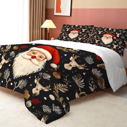 Black Christmas Comforter Set Twin Size Santa Claus Bedding for Kids Girls Women Xmas Reindeer Merry Christmas Bedroom Quilt Bed Sets, 1 Comforter 1 Pillowcase