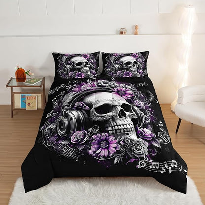 HOSIMA Death Skull Comforter Set King Size,Skull Wearing Headphones Decorated with Flowers,Melody Note Pattern Horror Themed Gothic Bedding Set for Teens Boys Room Decor with 2 Pillowcases.