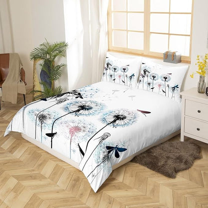 Dragonfly Bedding Set Twin Size,Colorful Dandelion Duvet Cover 2pcs for Kids Girls Woman Adult Room Decor,Nature Flying Animals Plants Comforter Cover Modern Boho Quilt Cover,1 Pillowcase,White