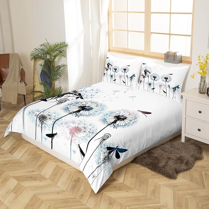 Dragonfly Duvet Cover Queen Size,Colorful Dandelion Bedding Set 3pcs for Kids Girls Woman Adult Room Decor,Nature Flying Animals Plants Comforter Cover Modern Boho Quilt Cover,2 Pillowcases,White