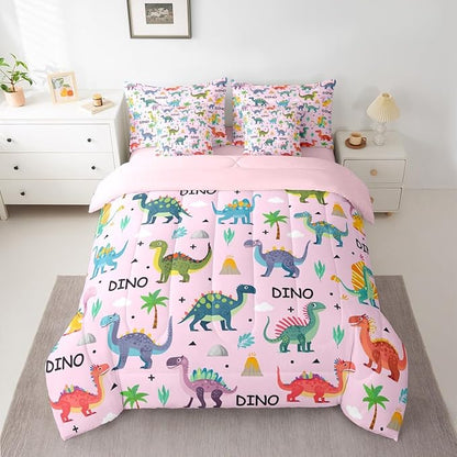 Feelyou Kids Cartoon Dinosaur 7 Piece Bedding Set Pink Colorful Dinosaur Comforter Set with Sheets for Boys Girls Jungle Dino Bed in a Bag Animal Theme Bed Set Soft Lightweight
