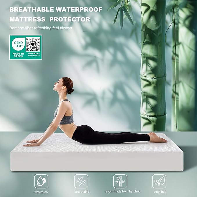GRT Full Waterproof Mattress Protector, Rayon Made from Bamboo Mattress Cover, Breathable Cooling Soft Mattress Protector, Machine Washable Mattress Pad with 8''- 26'' Deep Pocket