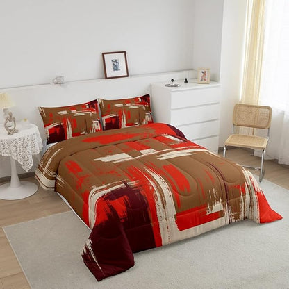 Feelyou Abstract Bedding Set Kids Modern Abstract Art Comforter Set Brown Orange Comforter for Boys Room Decor Lightweight Retro Duvet Set Toddler Size with 1 Pillow Case