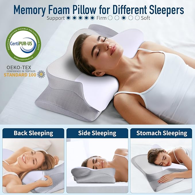 Cervical Pillow for Neck Pain Relief - Ergonomic Pillow for Sleeping Side Sleeper Pillow for Adults, Contour Neck Pillow Cooling Memory Foam Pillows, Orthopedic Bed Pillow(White & Grey)