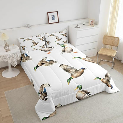 Feelyou Mallard Duck Bedding Set Hunting and Fishing Comforter Set Wild Animal Comforter for Boys Girls Kids Wildlife White Duvet Set Twin Size with 1 Pillow Case