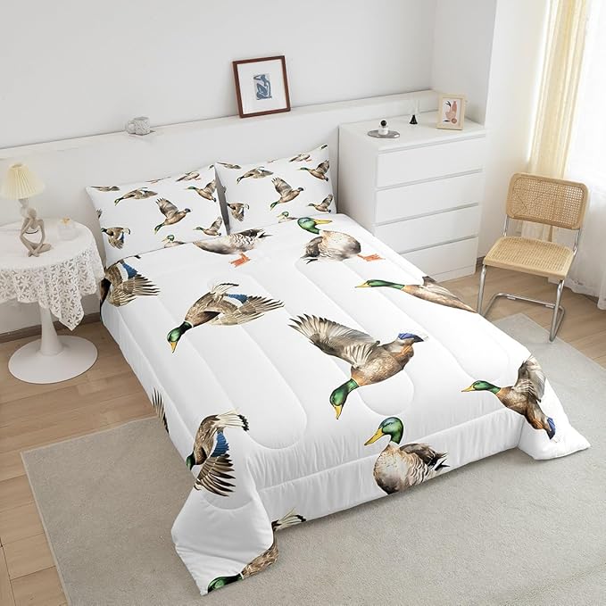 Feelyou Mallard Duck Bedding Set Hunting and Fishing Comforter Set Wild Animal Comforter for Boys Girls Kids Wildlife White Duvet Set King Size with 2 Pillow Case