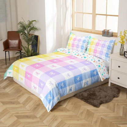 Girls Bowknot Duvet Cover Set Full Size Colorful Bow Tie Bedding Set for Kids Girly Woman Room Decor Cartoon Watercolor Geometric Lattice Reversible Quilt Cover with 2 Pillowcases (No Comforter)