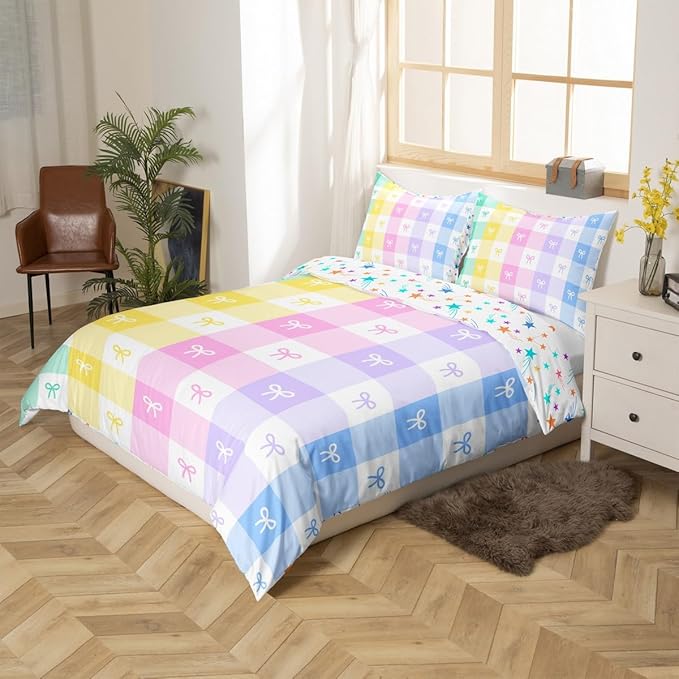 Girls Bowknot Duvet Cover Set King Size Colorful Bow Tie Bedding Set for Kids Girly Woman Room Decor Cartoon Watercolor Geometric Lattice Reversible Comforter Cover with 2 Pillowcases (No Comforter)