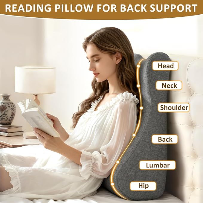 Reading Pillow for Bed,Ergonomic Wedge Pillow Headboard,Memory Foam Back Support Pillow for Bed Sitting Up Adult Sleeping,Wedge Headboard Pillow for Sleep Apne on Bedrest Couch Floor,Grey