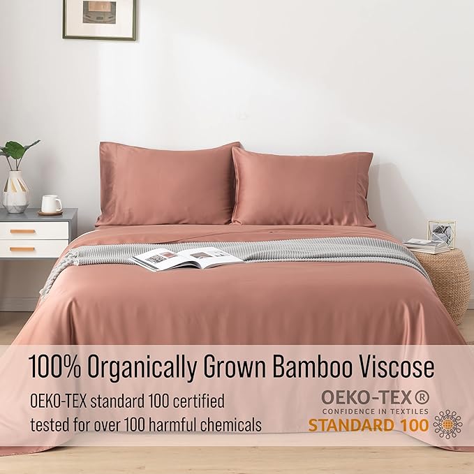 Bella Coterie Luxury Bamboo Viscose Cal King Size Sheet Set | 100% Organically Grown | Ultra Soft | Cooling for Hot Sleepers | 18" Deep Pocket [Raisin]