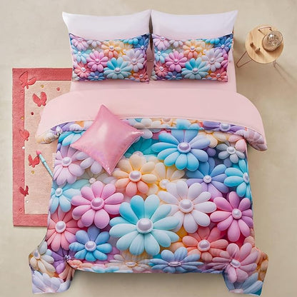 A Nice Night Stunning Blooming 3D Flower Floral Comforter Sets, with Pearl Flower Core Pattern Bedding Set for Girls Twin Size, Ultra Soft Bedding Sets (Blue-Purple, Twin 6Pcs)