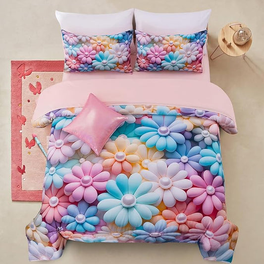 A Nice Night Stunning Blooming 3D Flower Floral Comforter Sets, with Pearl Flower Core Pattern Bedding Set for Girls Queen Size, Ultra Soft Bedding Sets (Blue-Purple, Queen 6Pcs)