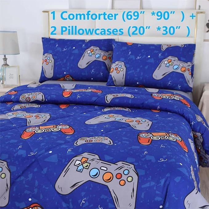 SDIII 3PCS Blue Gaming Comforter Set Twin, Soft Microfiber Lightweight Gamer Comforter Sets for Boys Girls Kids Teens, Video Game Bedding Quilt Twin