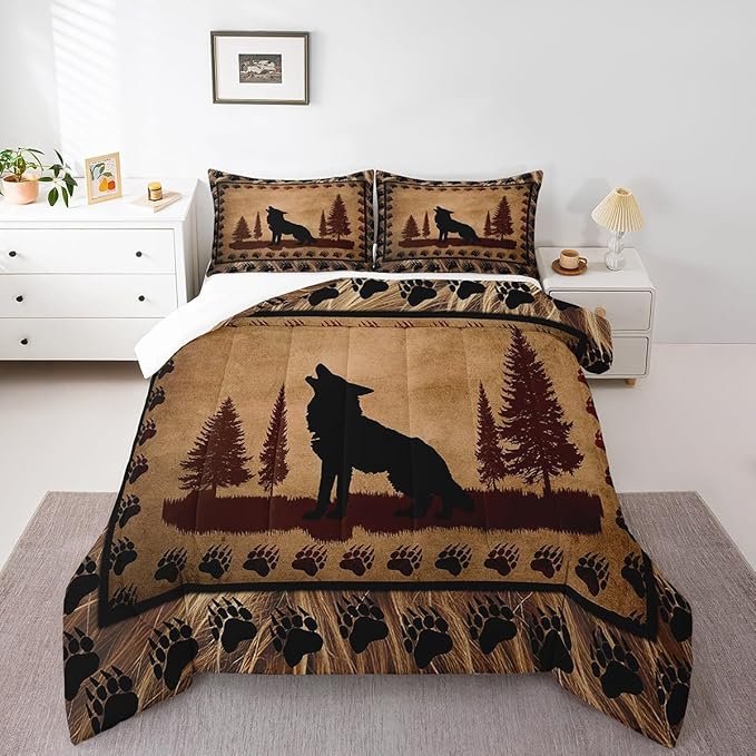 Feelyou Cute Wolf Comforter Set for Girls Boys Kids Wolves Howling Bedding Set Room DecorAnimal Wolves Tree Bedding Set Exotic Brown Black Duvet Set Full Size 3Pcs Quilt Boys