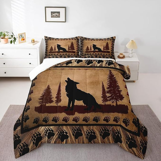 Feelyou Cute Wolf Comforter Set for Girls Boys Kids Wolves Howling Bedding Set Room DecorAnimal Wolves Tree Bedding Set Exotic Brown Black Duvet Set Full Size 3Pcs Quilt Boys