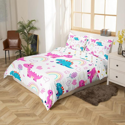 Kawaii Dino Bedding Sets Toddler Size,Cute Rainbow Floral Love Heart Reversible Duvet Cover 2Pcs for Kids Bedroom,Purple Blue Dinosaur Lovely Animal Quilt Cover,1 Pillowcase (No Comforter)