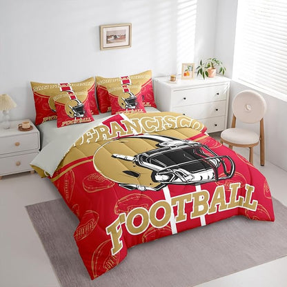 Feelyou Football Comforter Set with Sheets 7 Piece Queen Size Ball Games Bed in a Bag Kids Boys Girls Rugby Bedding Set City of Footballs Bedroom Decor Rugby Sports