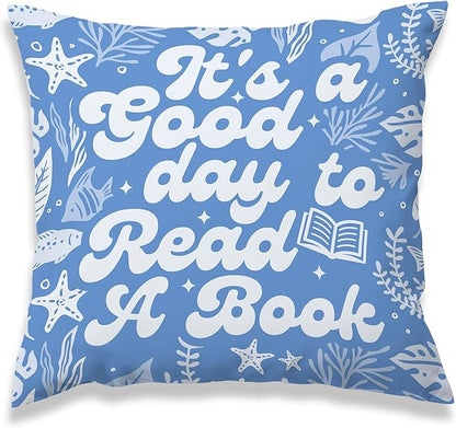 Blue It's A Good Day to Read A Book Classroom Throw Pillow Covers, Sea Coastal Reading Kids Pillows Covers, Ocean Beach Summer Pillow Cases Decor for Library Reading Nook Corner Couch 18x18in
