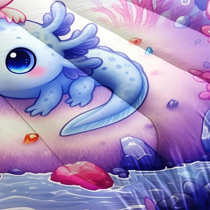 Cute Axolotl Bedding Set Twin Size,Color Underwater World Pattern Toddler Bed Comforter Set,Kawaii Ocean Life Bedding Sets for Kids Girls Room Decor with 2 Pillowcases.