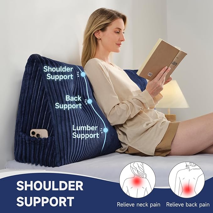 Z-hom Twin Headboard Pillow, Triangular Wedge Reading Pillow for Bed or Sofa, Ergonomic Backrest Cushion for Sitting Up, Reading or Relaxing, with Side Pocket，Removable Washable Cover,Blue