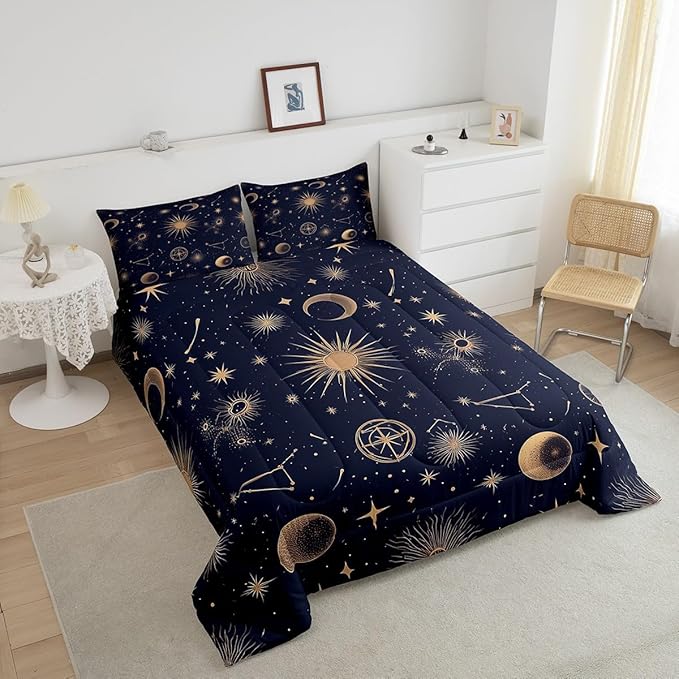 Feelyou Stars Print Comforter Set for Girls Boys Kids Twin Size Bohemia Comforter Room Decor Moon Bedding Set Medium Blue Duvet Set