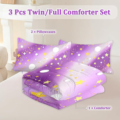 3 Pcs Twin Bedding Sets for Girls, Purple Glitter Rainbow Twin Size Bed Set, Stars Galaxy Bedding Comforter Set for Girls