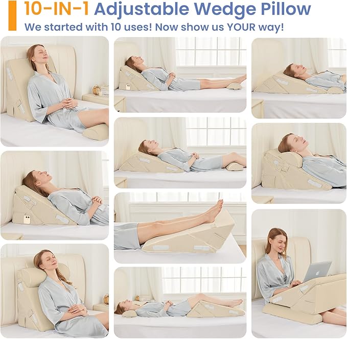Sasttie Wedge Pillow Set for After Surgery, 3PCS Adjustable Bed Wedge Pillow Headboard with Memory Foam Neck Cushion – for Acid Reflux, Sleeping, Neck & Back Support, Beige