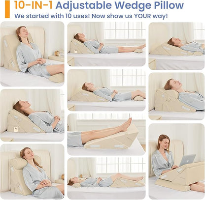 Sasttie Wedge Pillow Set for After Surgery, 3PCS Adjustable Bed Wedge Pillow Headboard with Memory Foam Neck Cushion – for Acid Reflux, Sleeping, Neck & Back Support, Beige