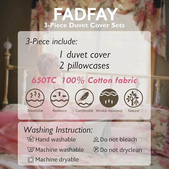 FADFAY Green Floral Duvet Cover Sets Vintage Flower Printed Bedding Ultra Soft 100% Cotton Designer Bedding Set 3 Pieces, 1duvet Cover & 2pillowcases (King/California King Size, Simple Style)