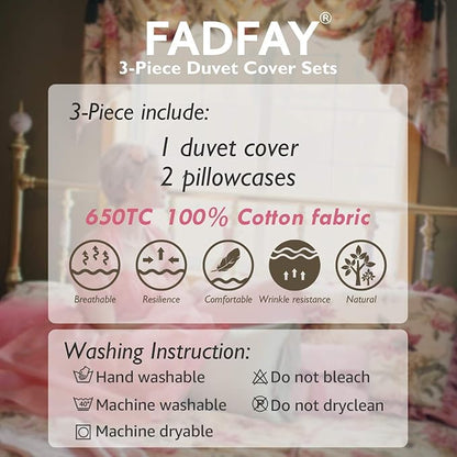 FADFAY Green Floral Duvet Cover Sets Vintage Flower Printed Bedding Ultra Soft 100% Cotton Designer Bedding Set 3 Pieces, 1duvet Cover & 2pillowcases (King/California King Size, Simple Style)