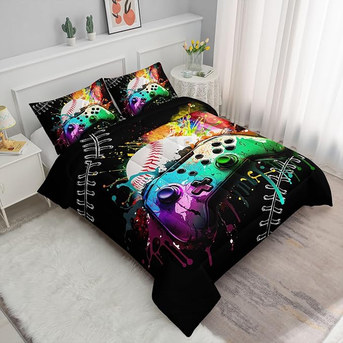Kids Comforter Set Gamepad Baseball Printed Pattern Bedding Set with 1 Comforter and 2 Pillowcases for Girls Boys Bedroom All Season(Gamepad Baseball Queen)