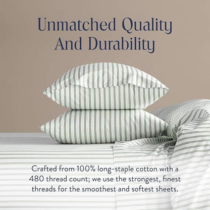 Brooklinen Luxury Sateen Duvet Cover - 100% Cotton, Full/Queen Size in Green Tandem Stripe with Extra-Long Corner Ties and Button Closure - Best Full/Queen Duvet Covers