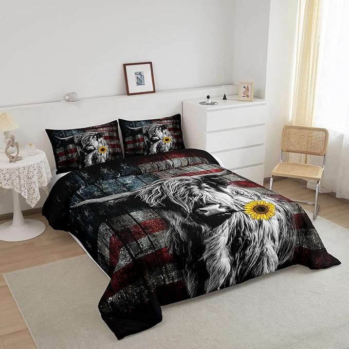Feelyou Highland Cattle Bedding Set Sunflower Highland Cow Comforter Set for Kids Boys Girls America Flag Bull Comforter Animal Quilt Set 1 Comforter Set with 2 Pillowcases King Size