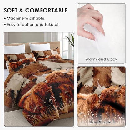 Full Size Comforter Set with 2 Pillowcase, Highland Cow Animal Bull Soft 3 Pcs Bedding for Kids and Adults, Farm Comforter Set for Room Bedroom Bed Decor