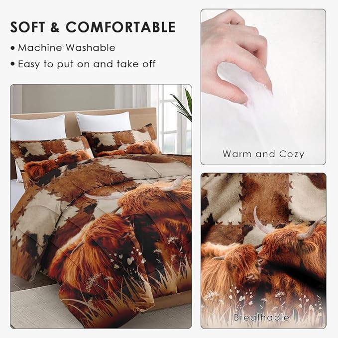 Twin Size Comforter Set with Pillowcase, Highland Cow Animal Bull Soft 2 Pcs Bedding for Kids and Adults, Farm Comforter Set for Room Bedroom Bed Decor