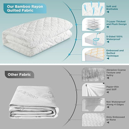 5-Sided Waterproof Mattress Protector, King Size Quilted Bamboo Rayon Mattress Cover, Breathable Cooling Noiseless Bed Fitted Sheets, Soft Bedding Pad with Deep Pocket Up to 18"
