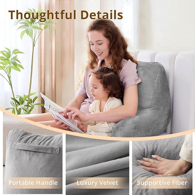 Sasttie Reading Pillows for Sitting in Bed Adult, Velvet Back Pillow Bed Sitting Up, Back-Rest Support Cushion for Sit Up on Couch, Sofa, and Floor, Dorm Essentials, Oeko-Tex Certified, Dark Grey